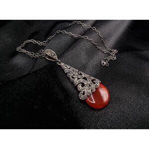 Vintage Late XX Century Carnelian & Marcasite Sterling Silver 925 Necklace